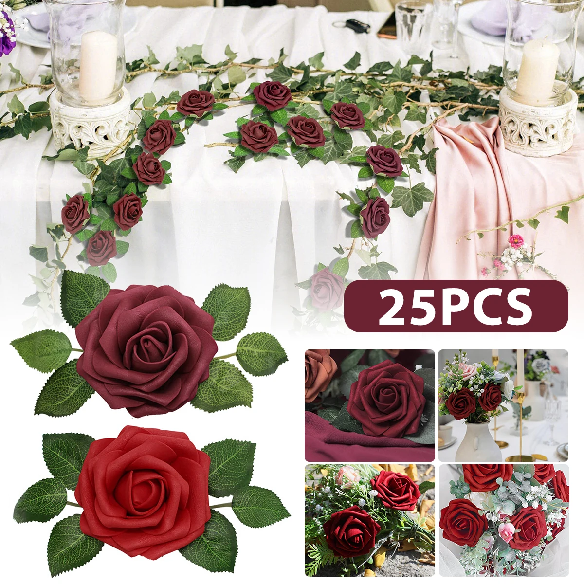

25Pcs Artificial Flowers Faux Rose Flowers Reusable Decorative Faux Flower Real Looking Realistic Rose Bouquets Red Faux Rose