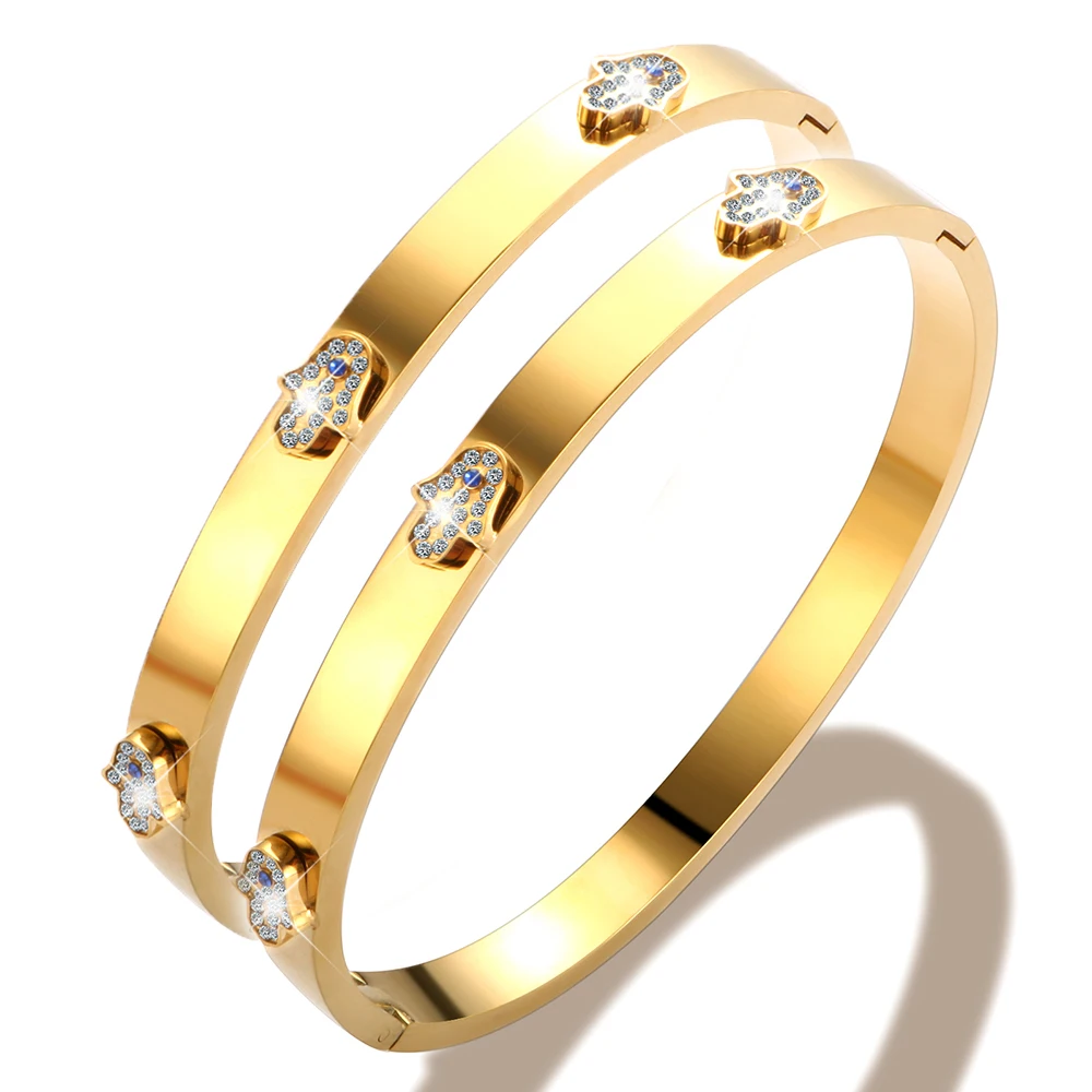 

Luxury Shiny Cubic Zirconia Palm Bracelets For Women Men Trendy Crystal Blue Eyes Bangles Stainless Steel Party Jewelry Gift New