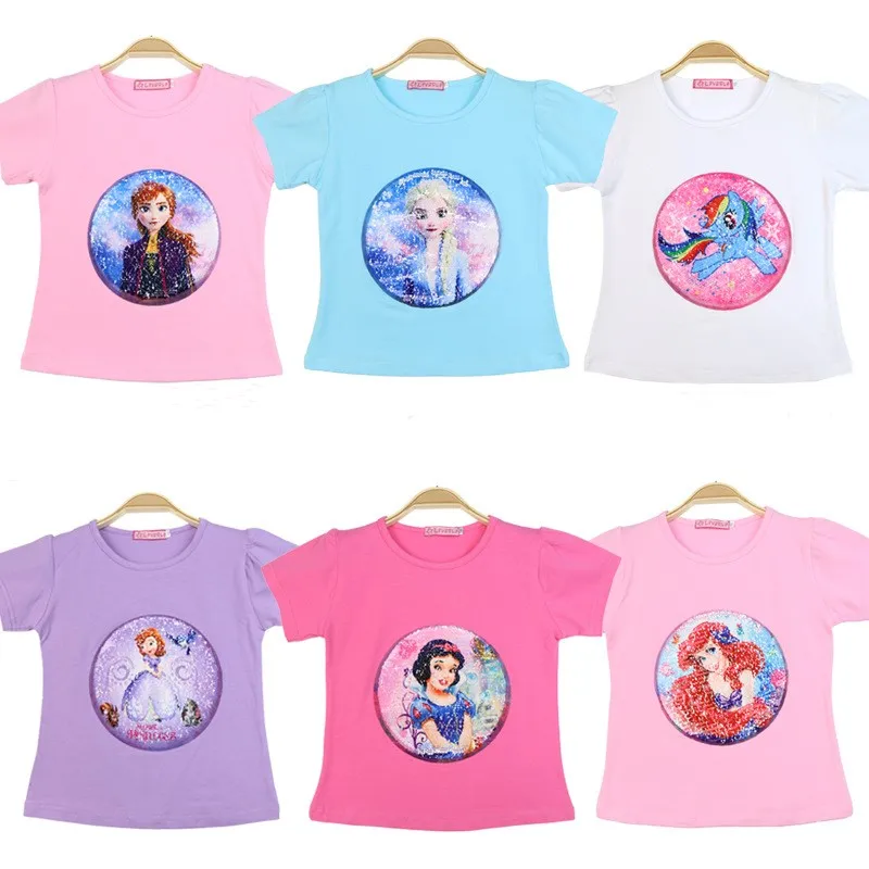 

Disney Frozen Summer Girl T-Shirt Short Sleeve Sequin Cartoon Pictures Elsa Anna Cotton Children Clothes Kids Short Sleeve Tops