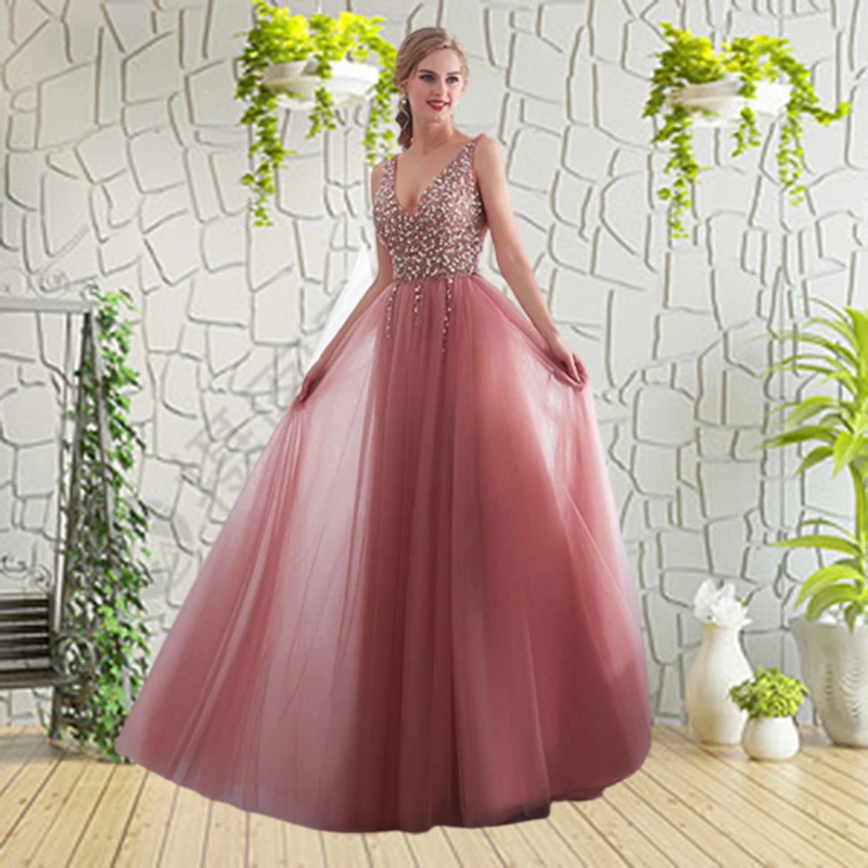 Beading Evening Dress 2023 V-Neck Pink High Split Tulle Sweep Train Sleeveless Prom Gown A-line Lace Up Backless Vestido De