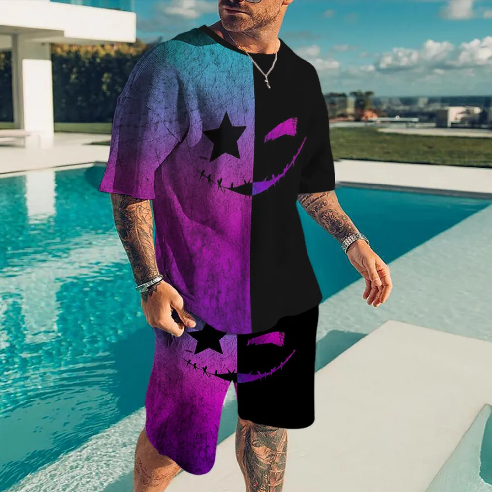 

Мужской комплект из футболки с коротким рукавом и шортов, повседневный спортивный костюм с рисунком маленького дьявола, воздухопроницаема...