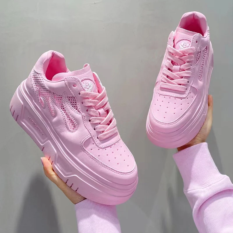 

2022 Summer White Pink Platform Sneakers Women Green Casual Vulcanized Shoes Fashion Comfortable Mesh Thick Sole Dad Shoes Lady