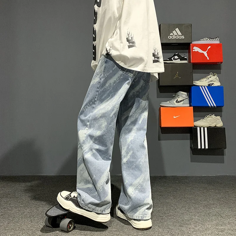 Blue Black Tie Dye Jeans Men Fashion Retro Casual Straight Jeans Men Streetwear Hip Hop Loose Denim Pants Mens Trousers M-3XL