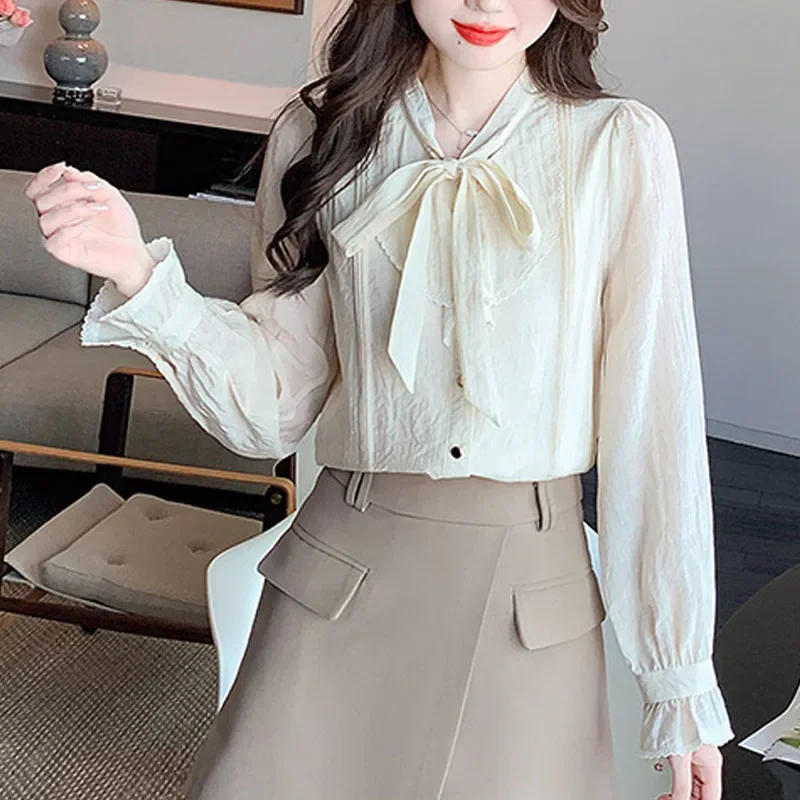 Модная офисная женская рубашка с длинным рукавом и бантом шифоновая блузка