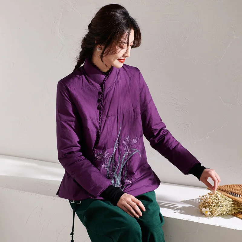 2022 Winter New Chinese Style Slanted Lapel Embroidery Cheongsam Button Stitching Short Lightweight Warm Cotton Coat Parkas