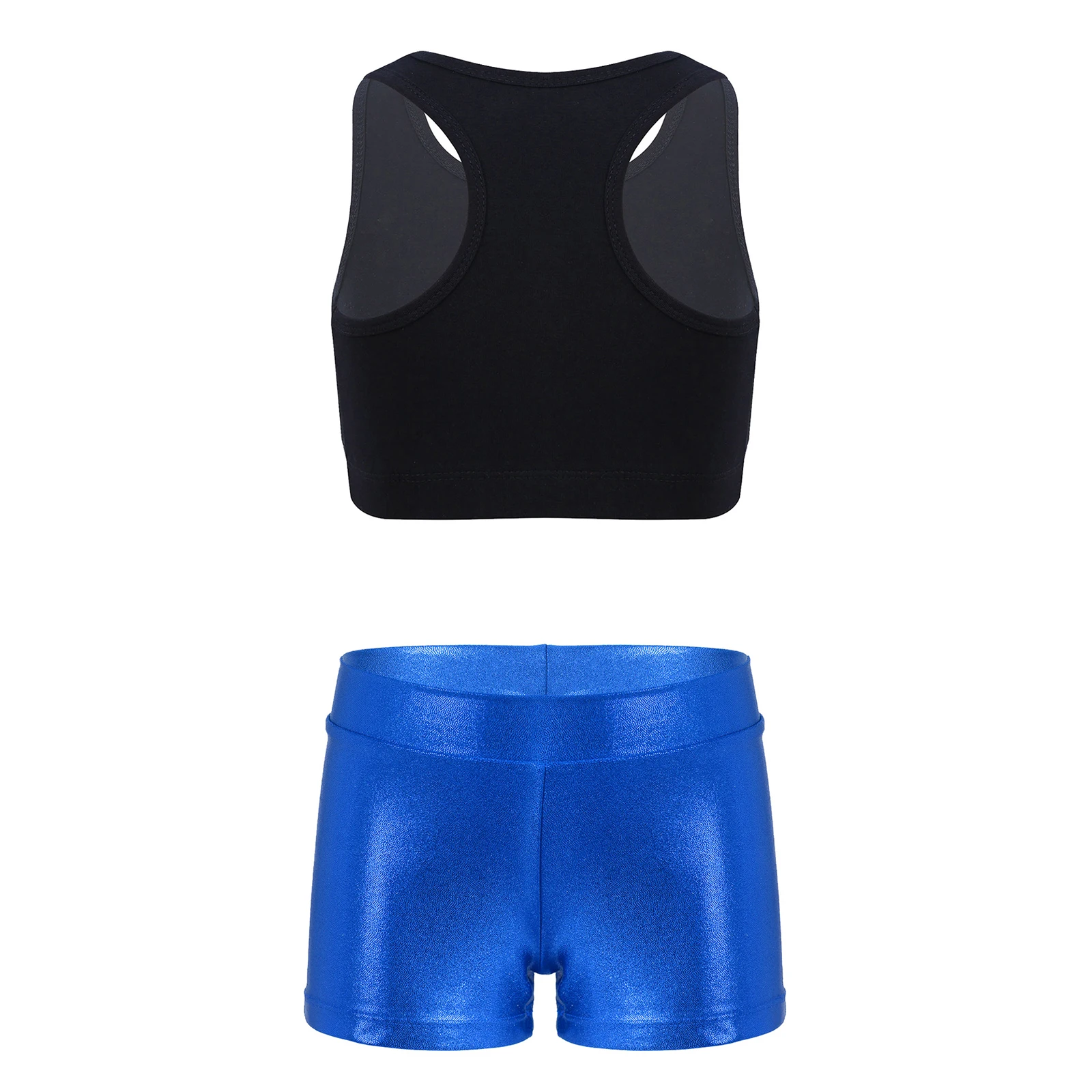 Shiny Girls Dancewear Kids Sleeveless Racer Back Crop Top + Metallic Shorts Children Ballet Gymnastics Outfits for Jazz Hiphop
