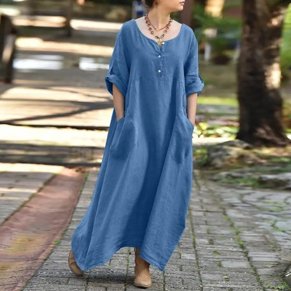 

Casual Dress Round Neck Loose Dress Women Summer Casual Beach Long Dress