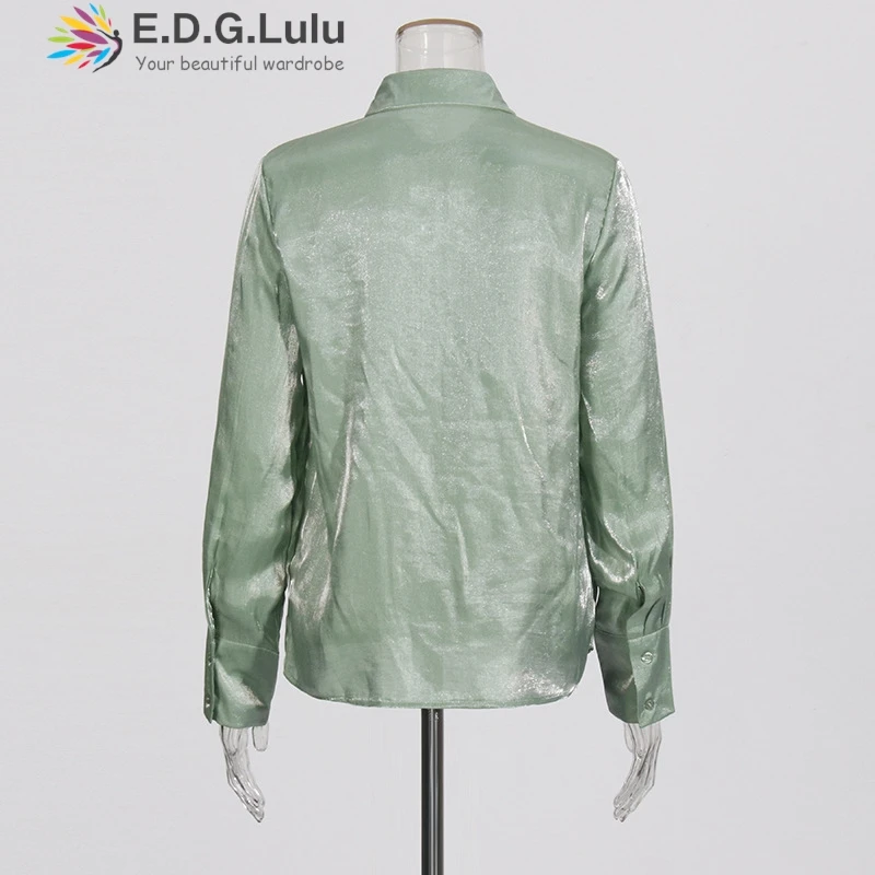 EDGLuLu зеленые блузки с отложным воротником женский дизайн офисная блузка 3d