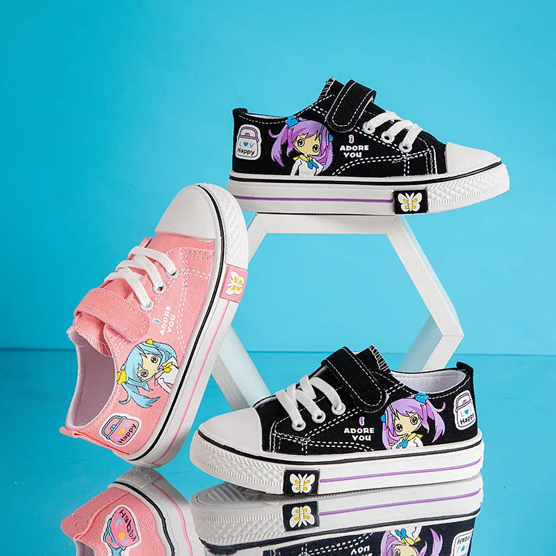 Cheap Children Pink Sneakers For Girl Fashion Cartoon Canvas Shoes Kids Anime Skateboard Shoes Boy Flats Low Children's Footwear