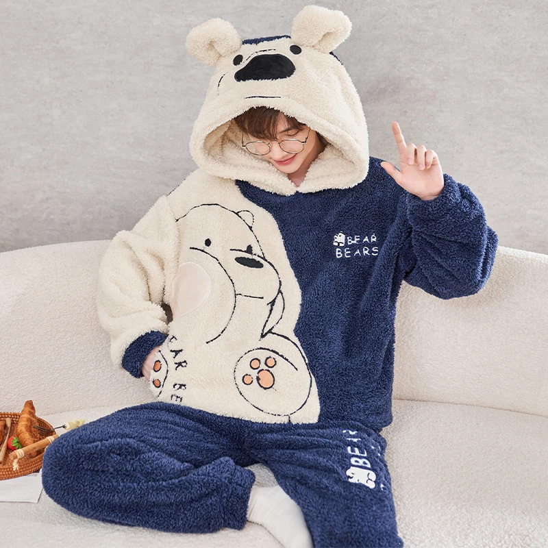 Couple Pajamas Set Women Men Winter Thicken Hoodies Pyjamas Sleepwear Cartoon Bear Kawaii Adult Warm Pijamas Suit Nightdress