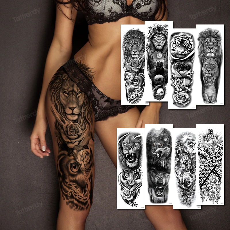 

Fake Tattoo Sticker For Men Women Waterproof Temporary Animal Tattoo Forest Leopard Lion Tiger wolf Body Art Large ArmTattoos