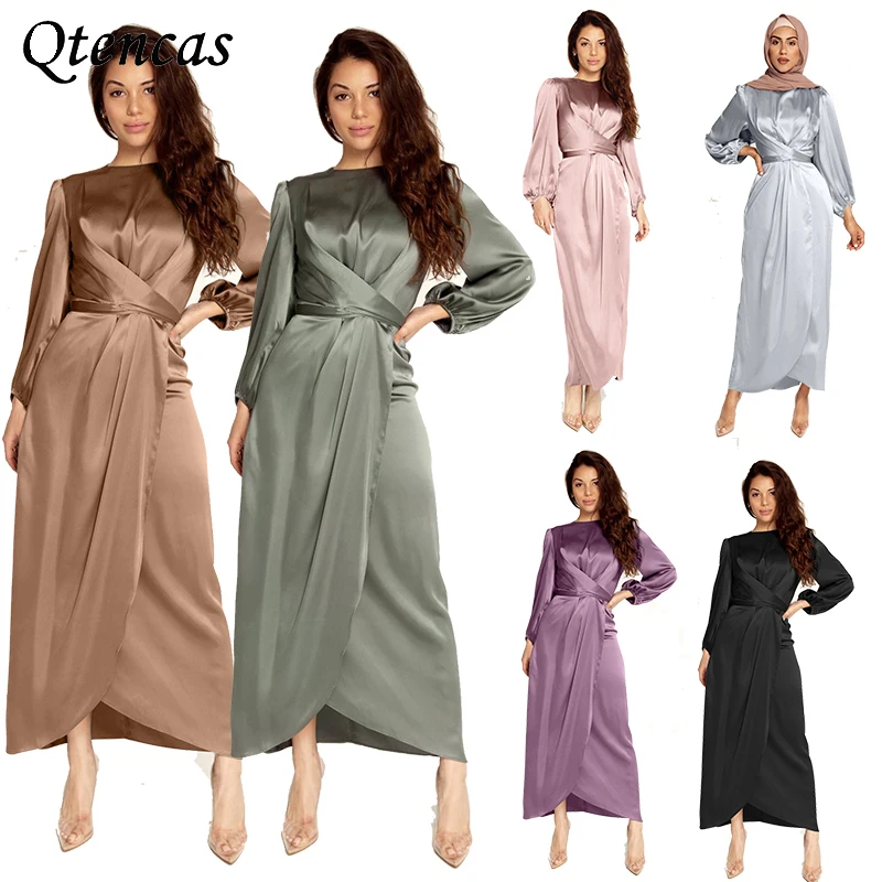 

Однотонное мусульманское платье для женщин Дубай абайя Турция сатиновый ХИДЖАБ КАФТАН Длинные платья Исламская одежда Платья Длинные женс...