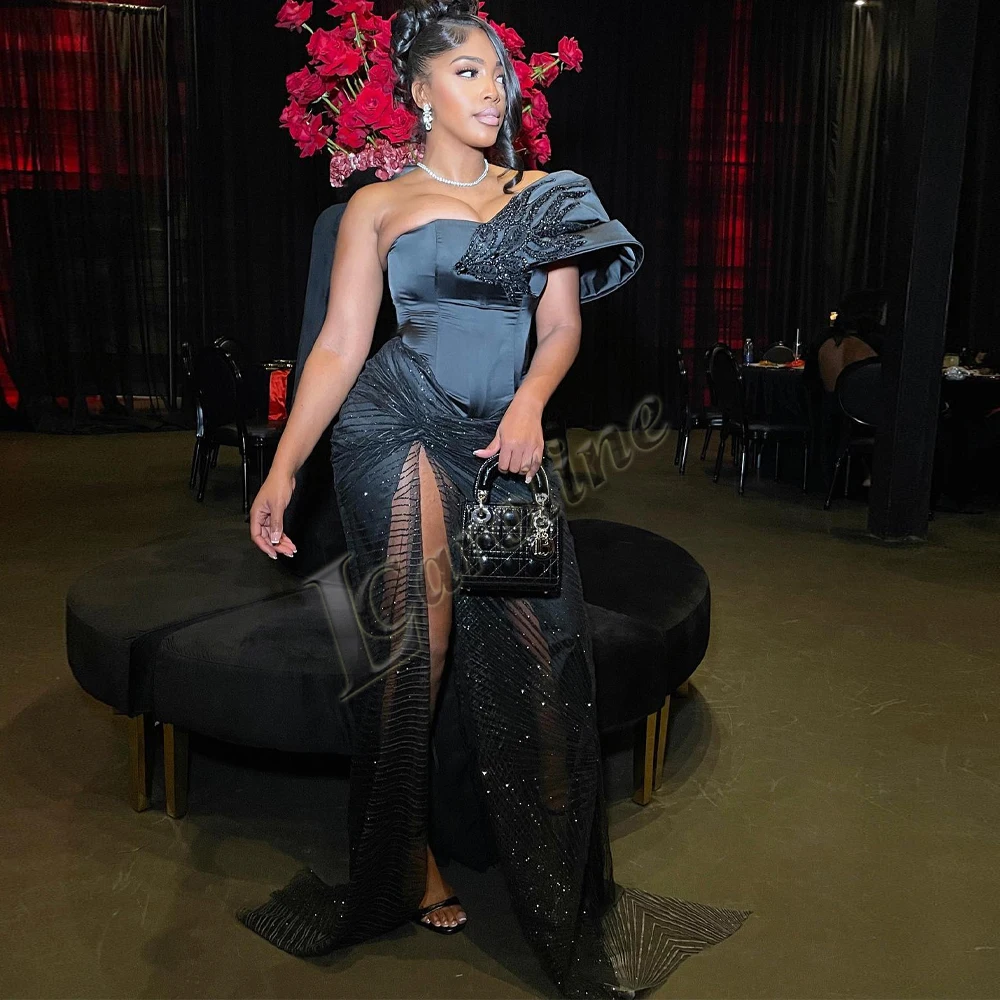 

Caroline Sexy One Shoulder Satin Evening Gowns For Women Appliques Beads Prom Evening Dress Pleat Custom Made Vestido De Fiesta