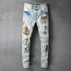 Мужские джинсы, синие зауженные штаны в стиле хип-хоп, в стиле пэчворк, большие размеры, 2021