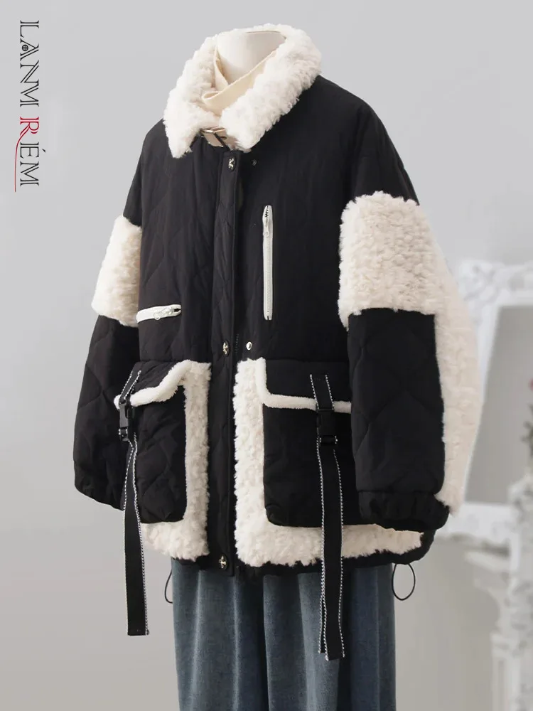 

LANMREM Winter Lamb Fur Spliced Down Coat Women Fashion Design Contrast Color Patchwork Warm Jackets 2023 New Clothing 32C364