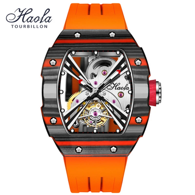 

HAOFA череп механические Tourbillon часы для мужчин скелет часы Сапфир Водонепроницаемый Топ бренд класса люкс Tonneau карбоновая пайка чехол