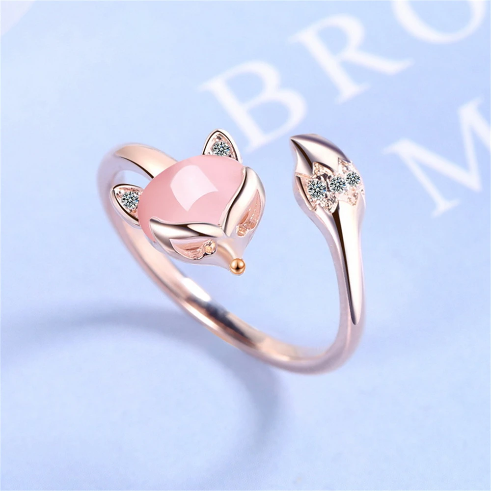 Creative Lovely Little Fox Face Open Rings For Women Crystal Zircon Cute Animal Finger Ring With Tail Engagement Jewelry Gifts