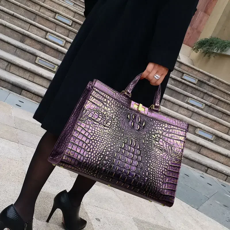 

2024 Genuine Leather Women's Handbags Large Capacity Briefcase Crocodile Pattern Shoulder Tote Bag 14 Inch Laptop Commuter Bags