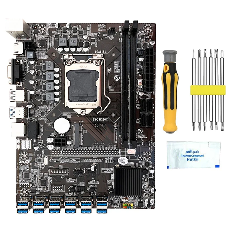 

B250C BTC Mining Motherboard With Screwdriver Kit+Thermal Grease 12 USB3.0 To PCIE Slots LGA1151 DDR4 RAM SATA3.0+MSATA