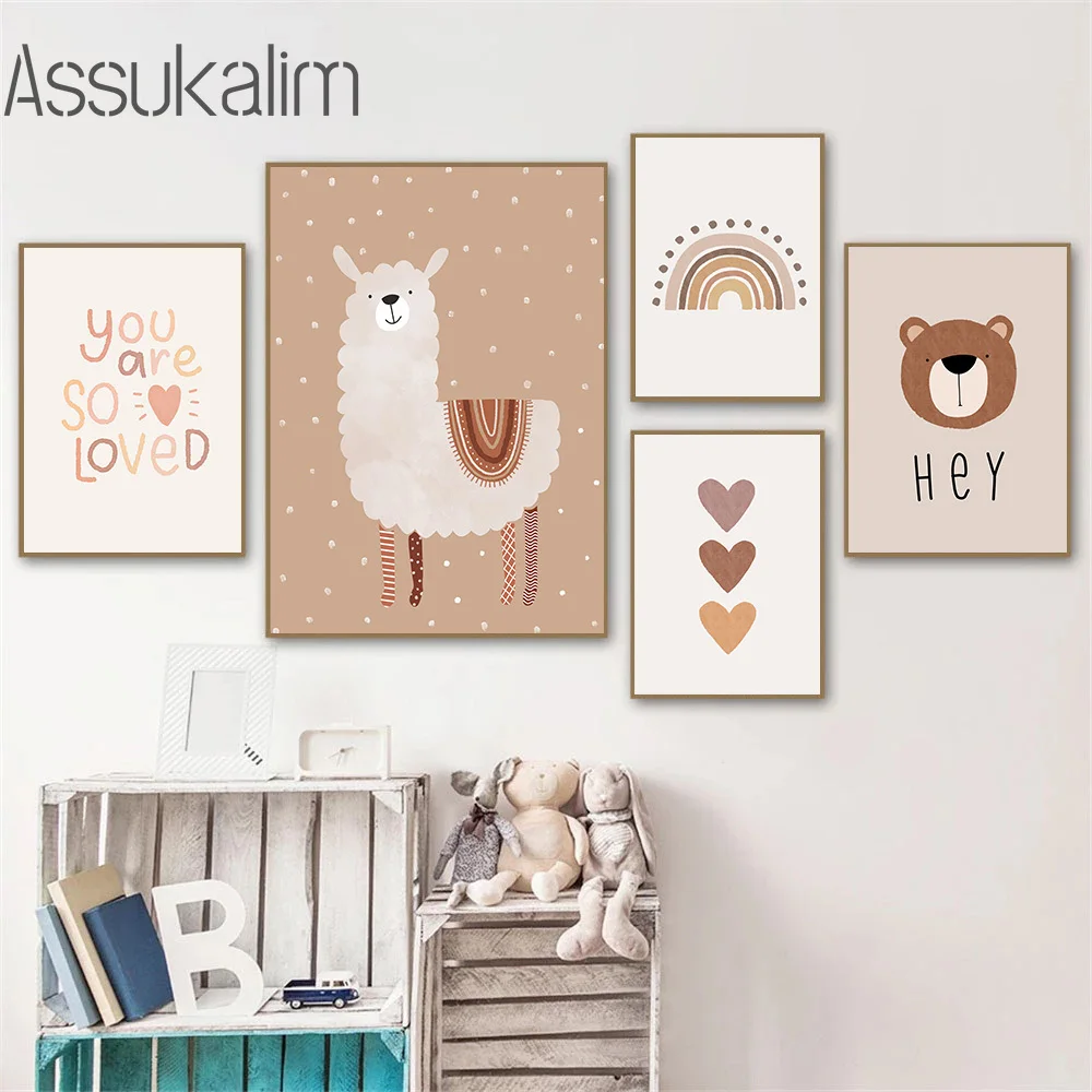 Boho холст настенное искусство радужные картины сердца Единорог медведь Альпака