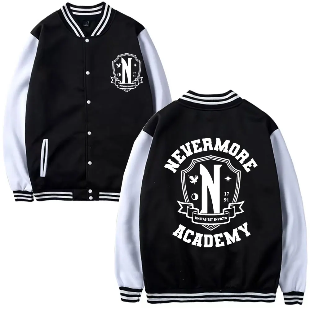 

TV Drama Wednesday Addams Bomber Jacket Nevermore Academy Logo Graphics Baseball Uniform Couple Fashion Oversized Street Tops