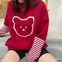 japanese lazy style stitching sweater womens autumn winter 2022 warm cartoon bear long sleeve o neck pullover loose striped top
