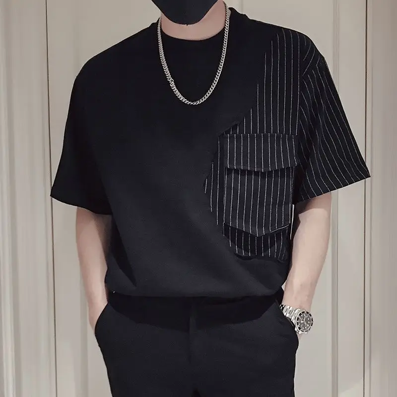 

Fashion Printed Spliced Pockets Loose Striped T-Shirt Men's Clothing 2023 Summer New Oversized Casual Pullovers Korean Tee Shirt