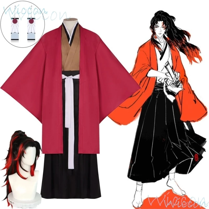 Косплей Костюм Аниме Tsugikuni Yoriichi реквизит черный красный парик серьги Красный