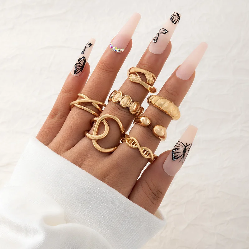 

Fashion 7Pcs Gold Chunky Rings Set Embrace Hands Twisted Ring Stackable Knuckle Midi Rings Adjustable Open Statement Jewelry