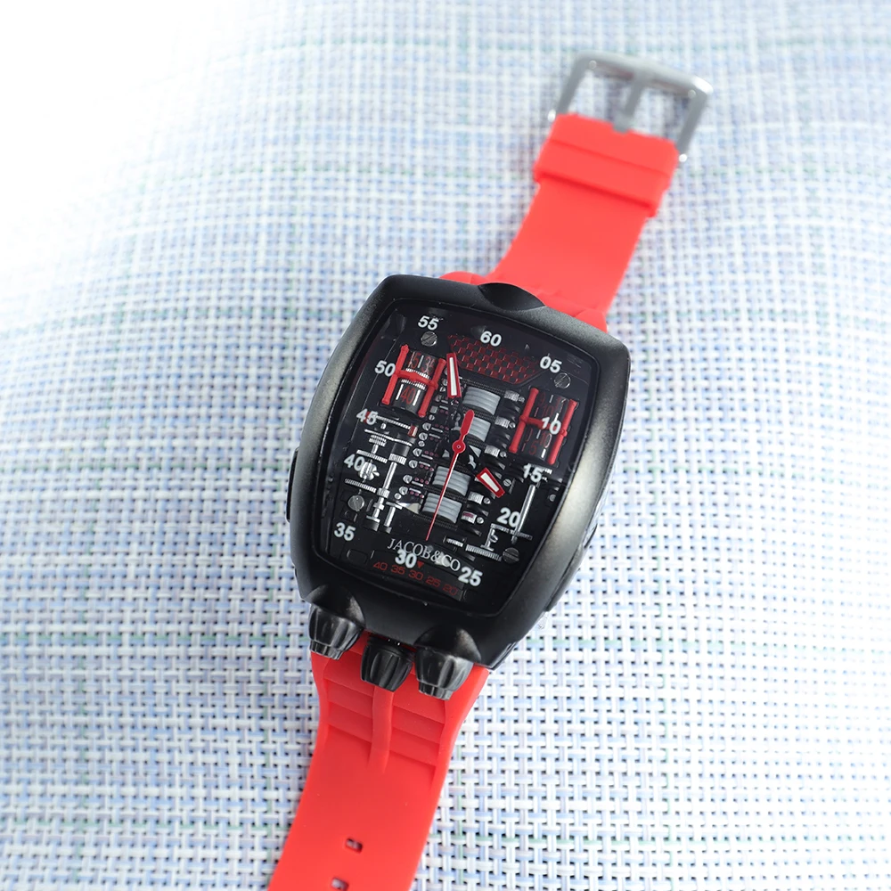 

Hollow Unique Creative JACOB&CO Quartz Watch Men Luxury Brand Decorative Dial Men Watches Red Rubber Strap Sport Military Watch