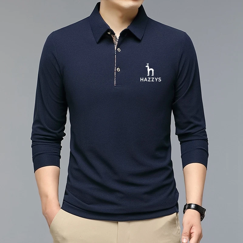 New Fashion Solid Polo Shirt Men Korean Clothing Long Sleeve Casual Fit Slim HAZZYS Button Collar Tops Sports Golf Summer 2023