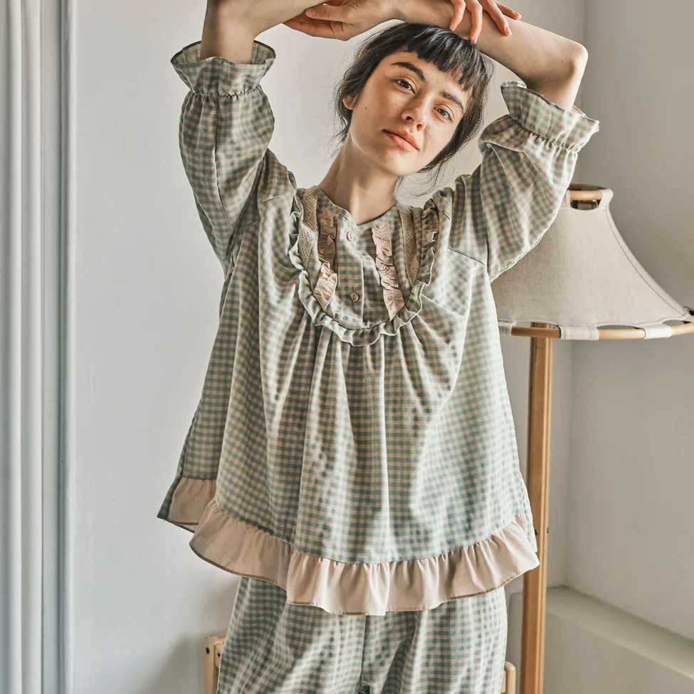 

Pure Cotton Pajamas Women's Autumn New Long Sleeved Princess Style Palace Home Wear Set Round Neck Trouser Suits Loungewear