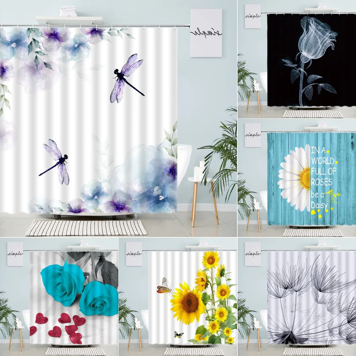 

Abstract Blue Purple Floral Dragonfly Shower Curtains Watercolor Art Flowers Green Leaves Plant Creative Design Bathroom Decor