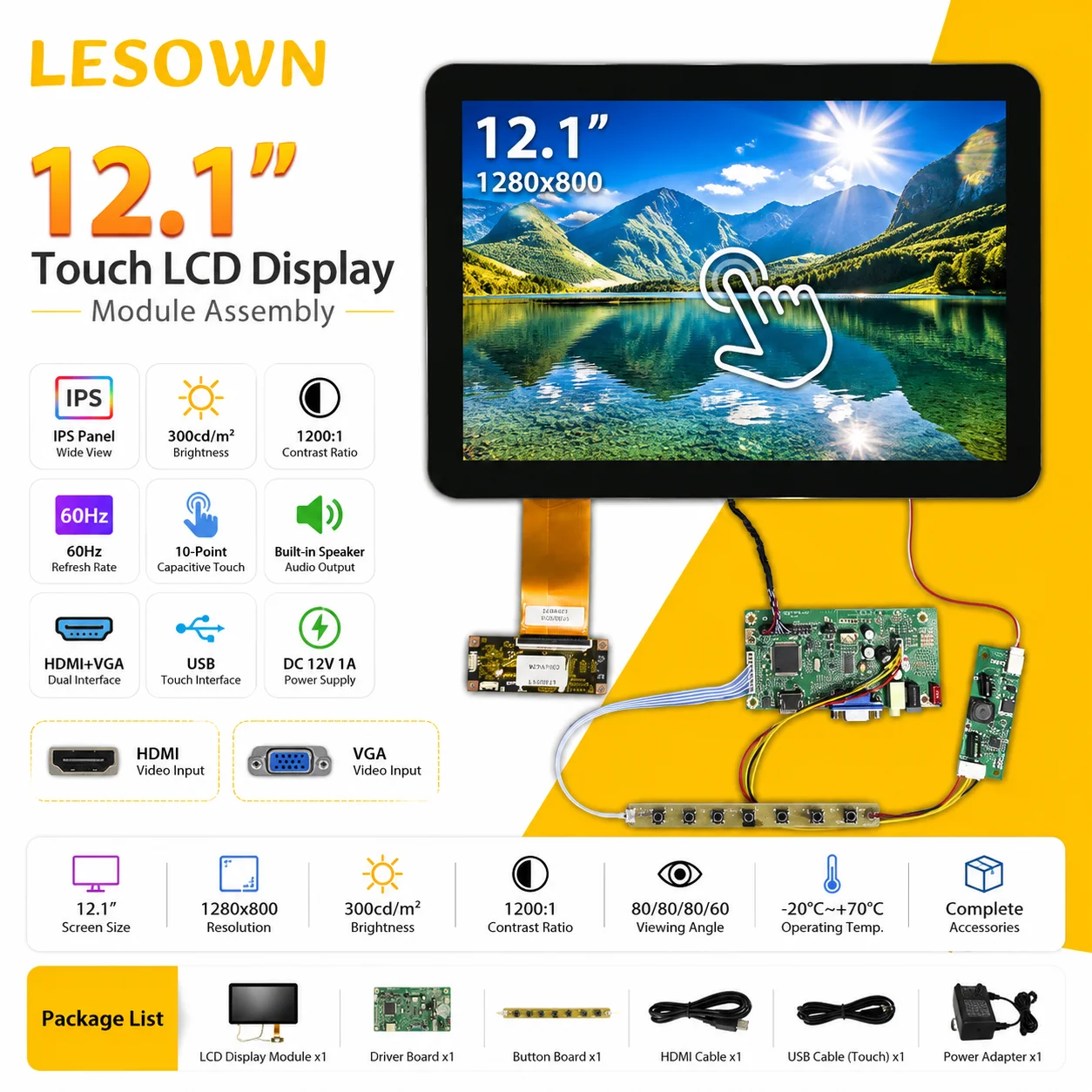 Фото Модуль дисплея LESOWN 12,1 дюйма, экран 1280x800 с платой драйвера, Plug & Play, 10-точечный сенсорный экран №1