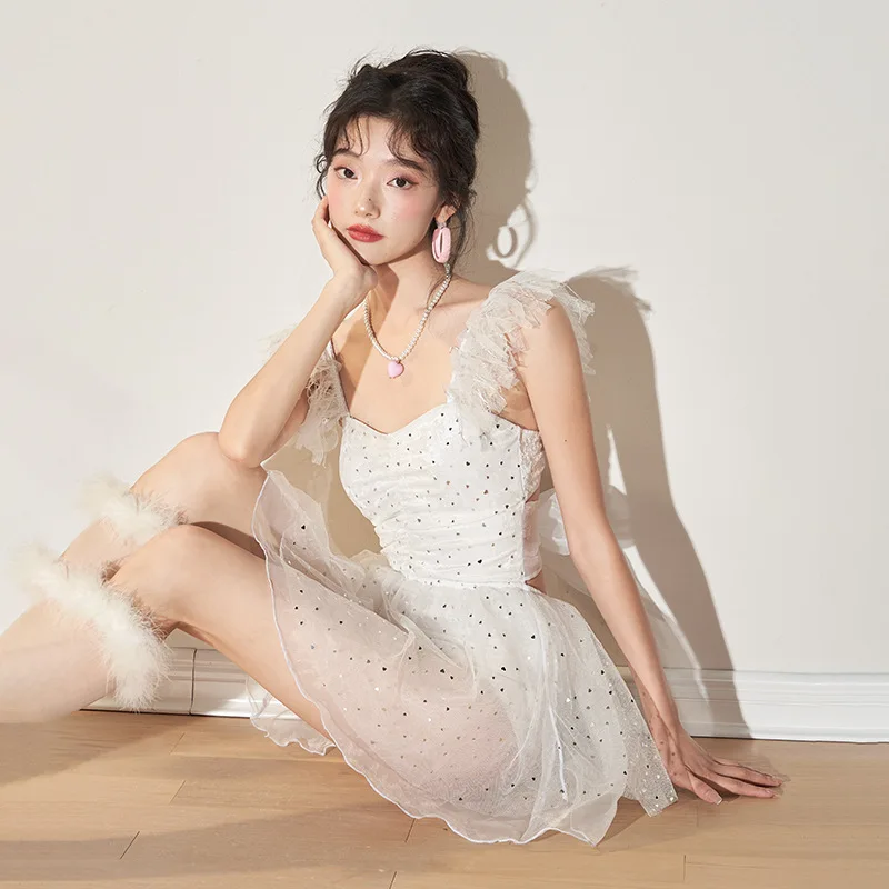 

Female Sweet White Beach Suit Women One Piece Swimsuit Beachwear Sexy Japanese New Swimwear Korean with Skirt Backless