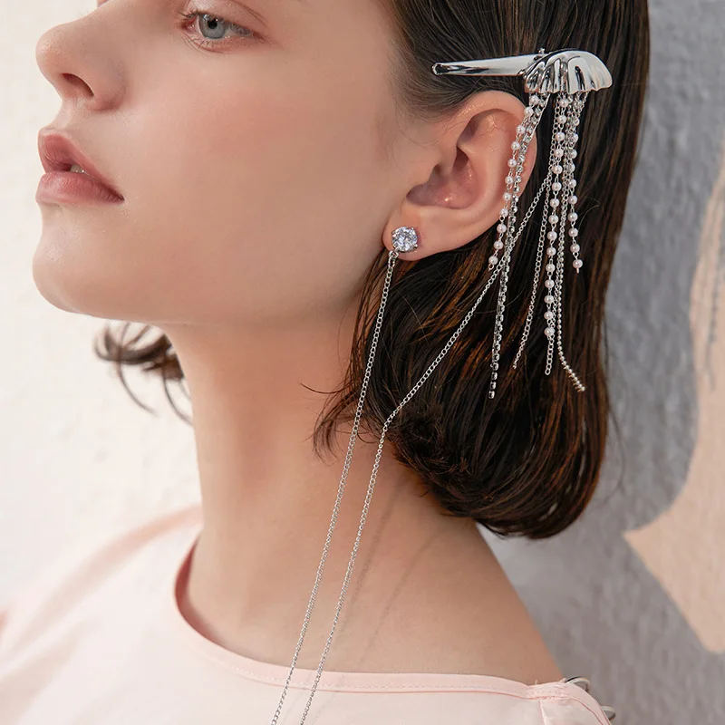 

925 Silver Pin Barrettes Earrings One-Piece Tassel Accessories Cold Style Elegant Artificial Pearl Trendy Hair drop earrings