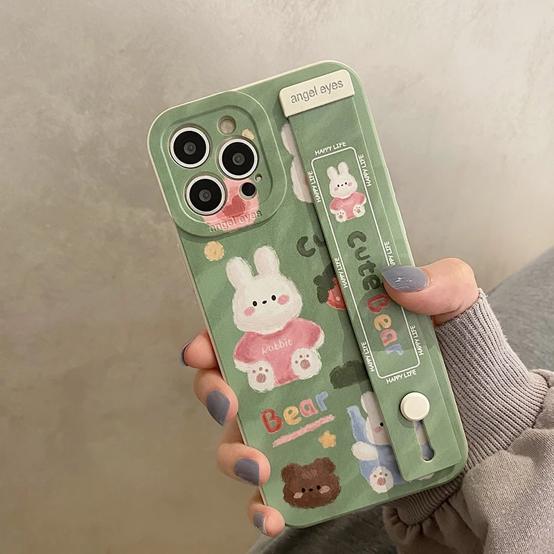 

Cute Bear Rabbit Wrist Strap Phone Case For iPhone 14 13 11 12 Pro Max Liquid Silicone Holder Stand Cover