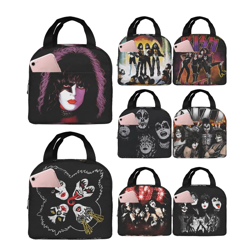 Kiss Metal Rock And Roll Heads Lunch Bento Bags Portable Aluminum Foil thickened Thermal Cloth Lunch Bag for Women Men Boy