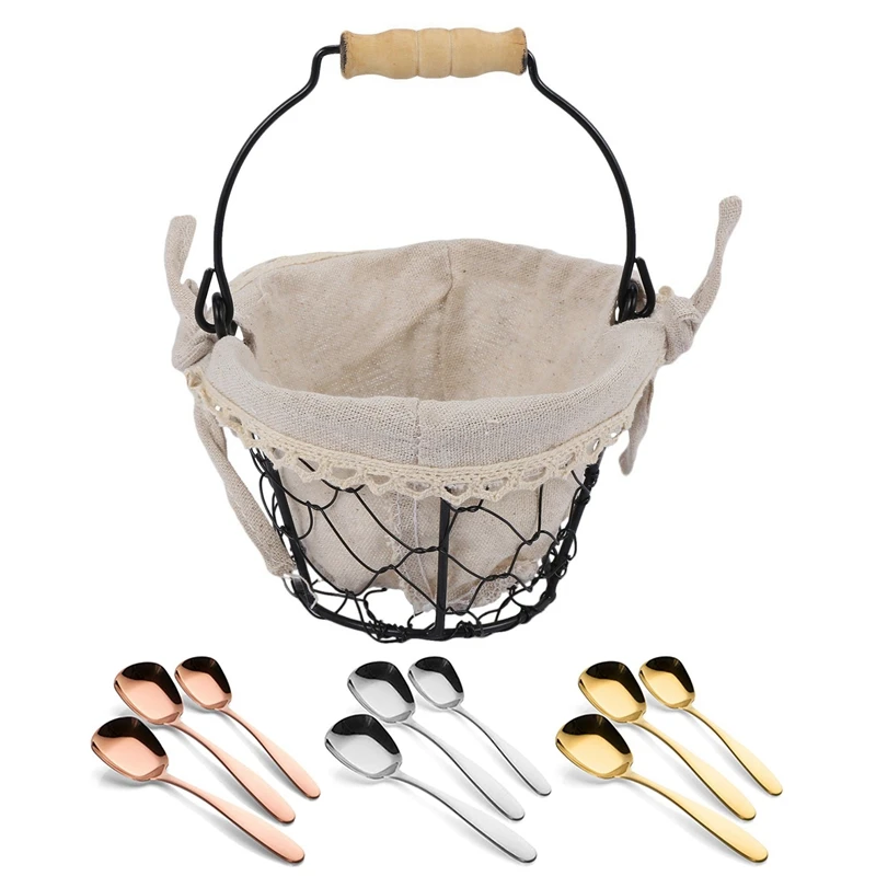 

Iron Art Wire Sundries Storage Basket With 3 Pcs/Set Stainless Steel Flat Spoons -Gold