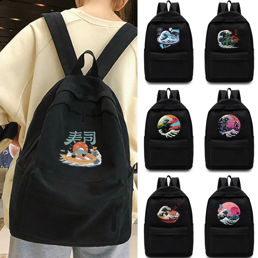 

Women's Backpack Wave Pattern Female Multi-pocket Casual Woman Travel Bag High Quality Schoolbag for Teenage Girl Book Knapsack