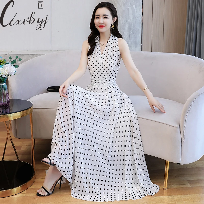 

Maxi Dress Women Sexy V-Neck Polka Dot Print Vestidos Casual Sleeveless Bohemian Summer Beach Dress White Chiffon Prom Dress