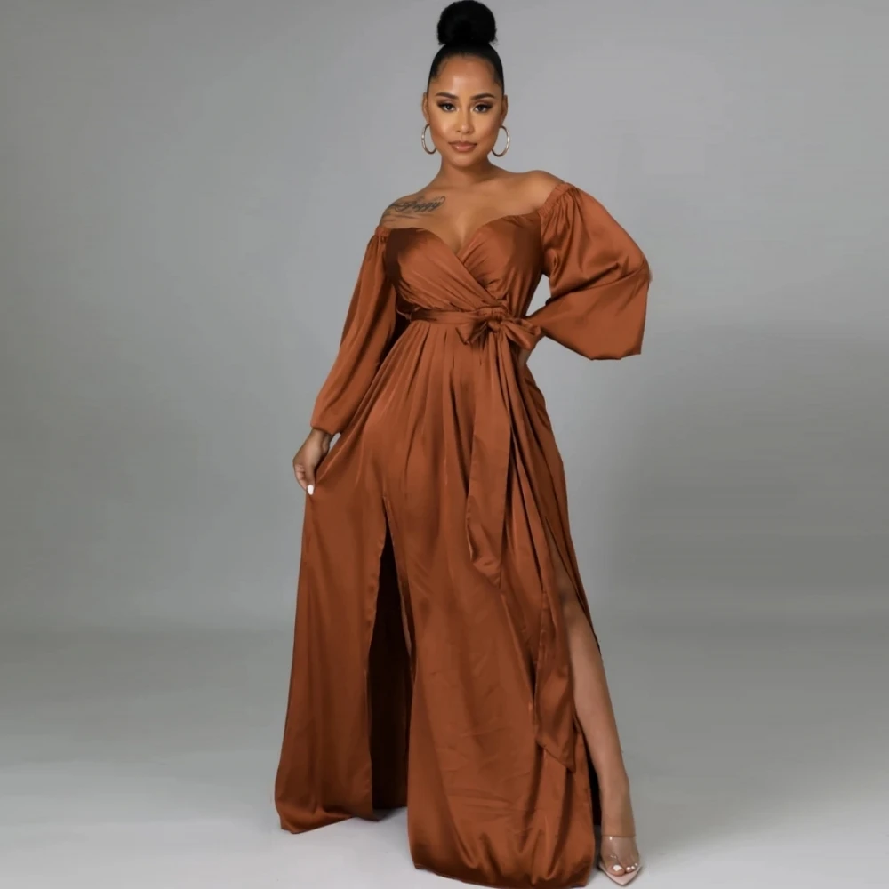 

Платья в африканском стиле для женщин, халаты с V-образным вырезом, платье с длинным рукавом, новинка весны 2022, модное однотонное тонкое Драп...