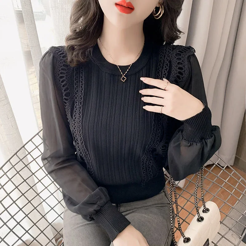 Корейский элегантный кружевной черный женский осенний шикарный трикотажный