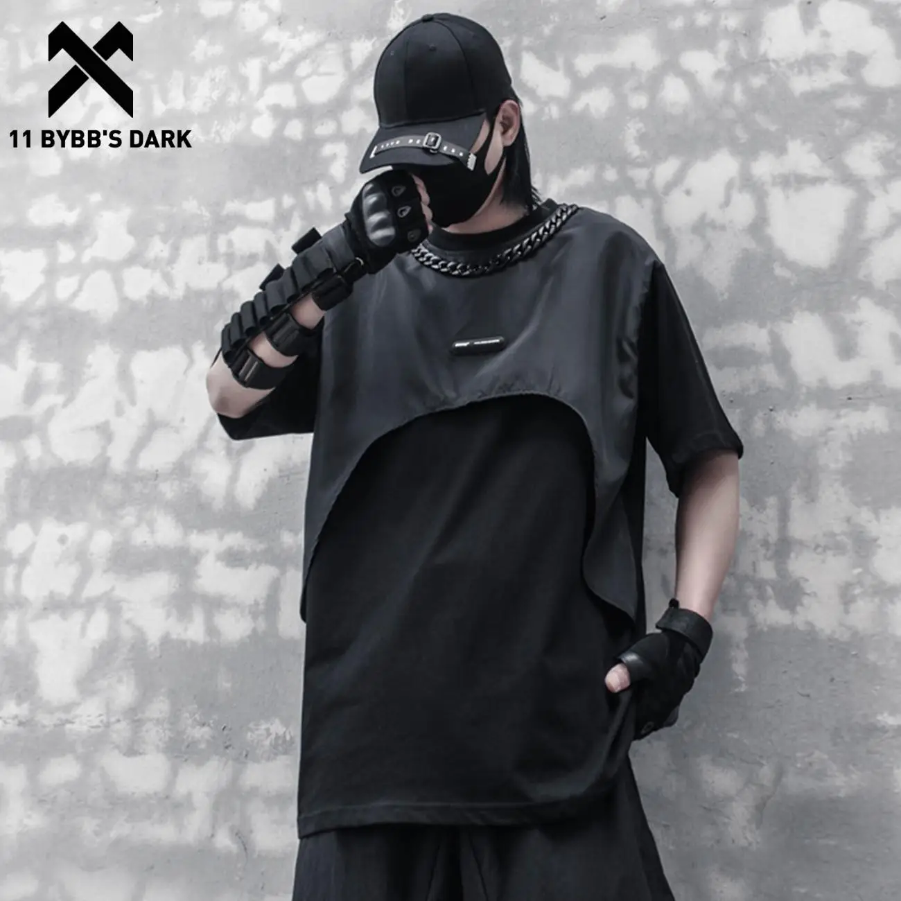 

11 BYBB'S DARK 2022SS Harajuku Short Sleeve Tee Tops Chain Patchwork Fake Two Loose Cotton Summer Tshirt Men Black
