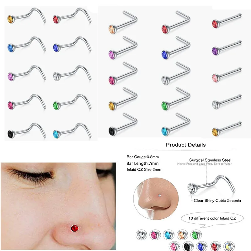 

10/20/50 PCS/SET L Shape Nose Ring Curve Mixed Colored Crystal Straight Nose Ring Set Piercing Body Jewelry