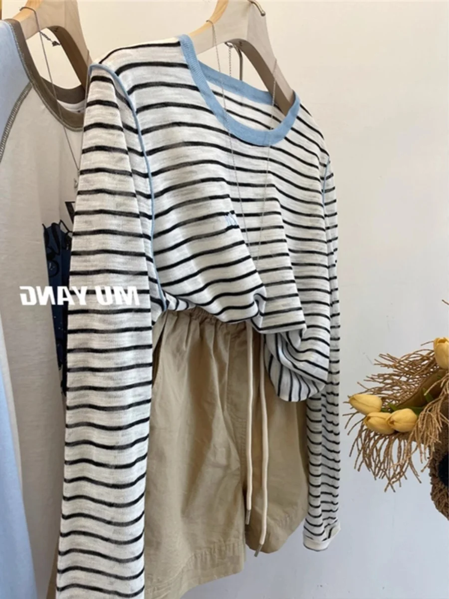 Leak-Picking Women clothes Big Brand Clearance Contrast Color Stripe round Neck Ice Silk Sun Protection Long sleeves Shirt Su...