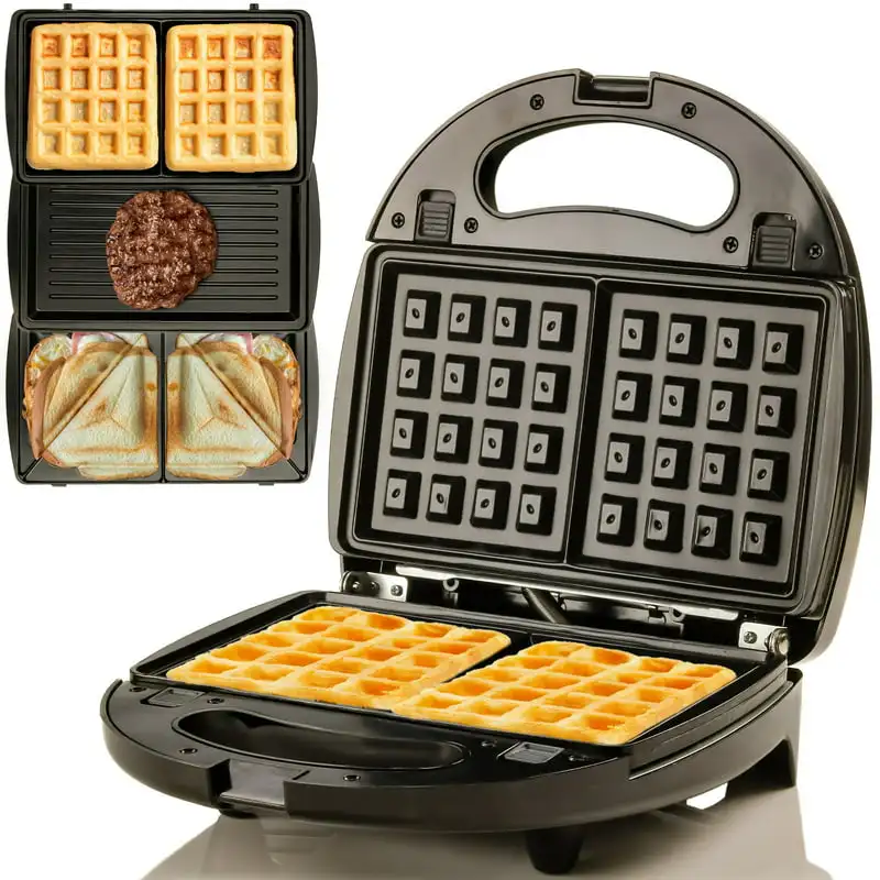 

Electric Indoor Sandwich Grill and Waffle Maker Set with 3 Removable Non-Stick Plates, 750W Kitchen Essentials Perfect for Break