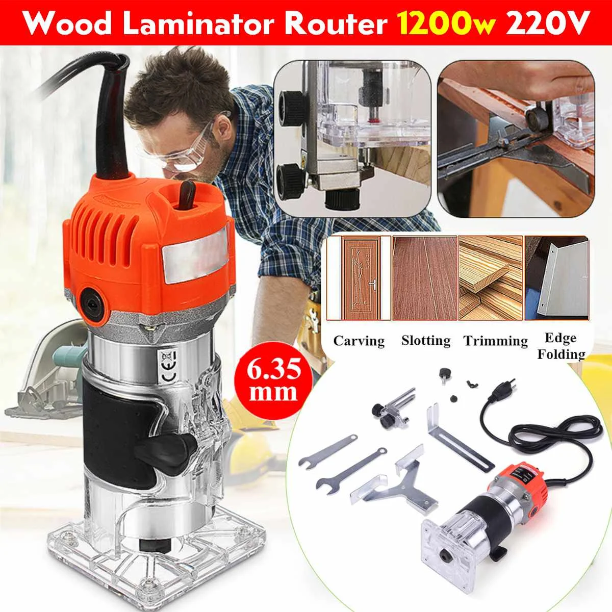 

1200W Wood Electric Trimmer 35000rpm Woodworking Trimming Tool Wood Laminate Palm Router Wood Milling Engraving Slotting Machine