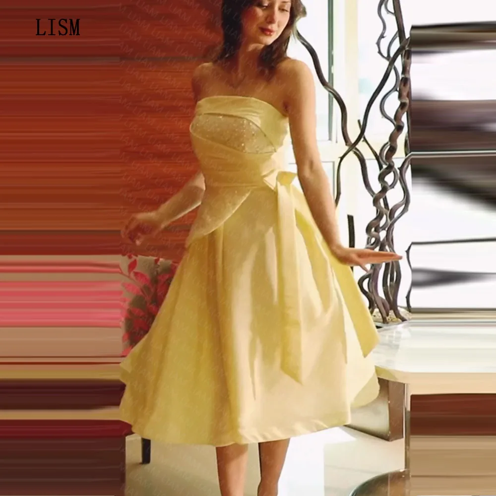 

LISM A-line Yellow Strapless Beadings Satin Formal Evening Party Dresses Knee Length Beach Prom Gown 2023 Robe De Soirée Chic