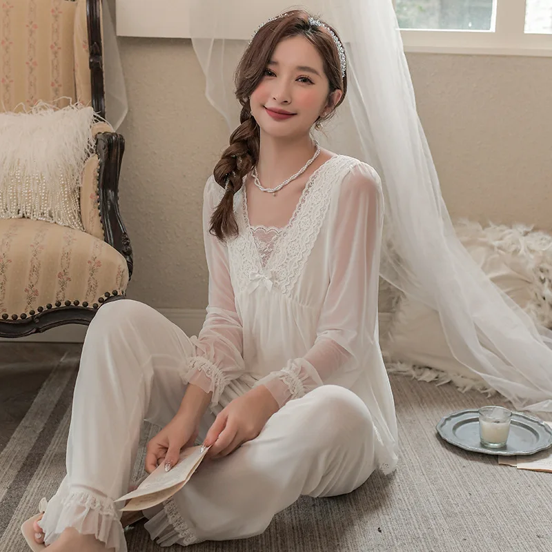 Court Style Pajamas Women's Spring Autumn Lace Home Clothes Princess Style Long Sleeve Mesh Modal 2Pcs Suit Lady Sleepwear